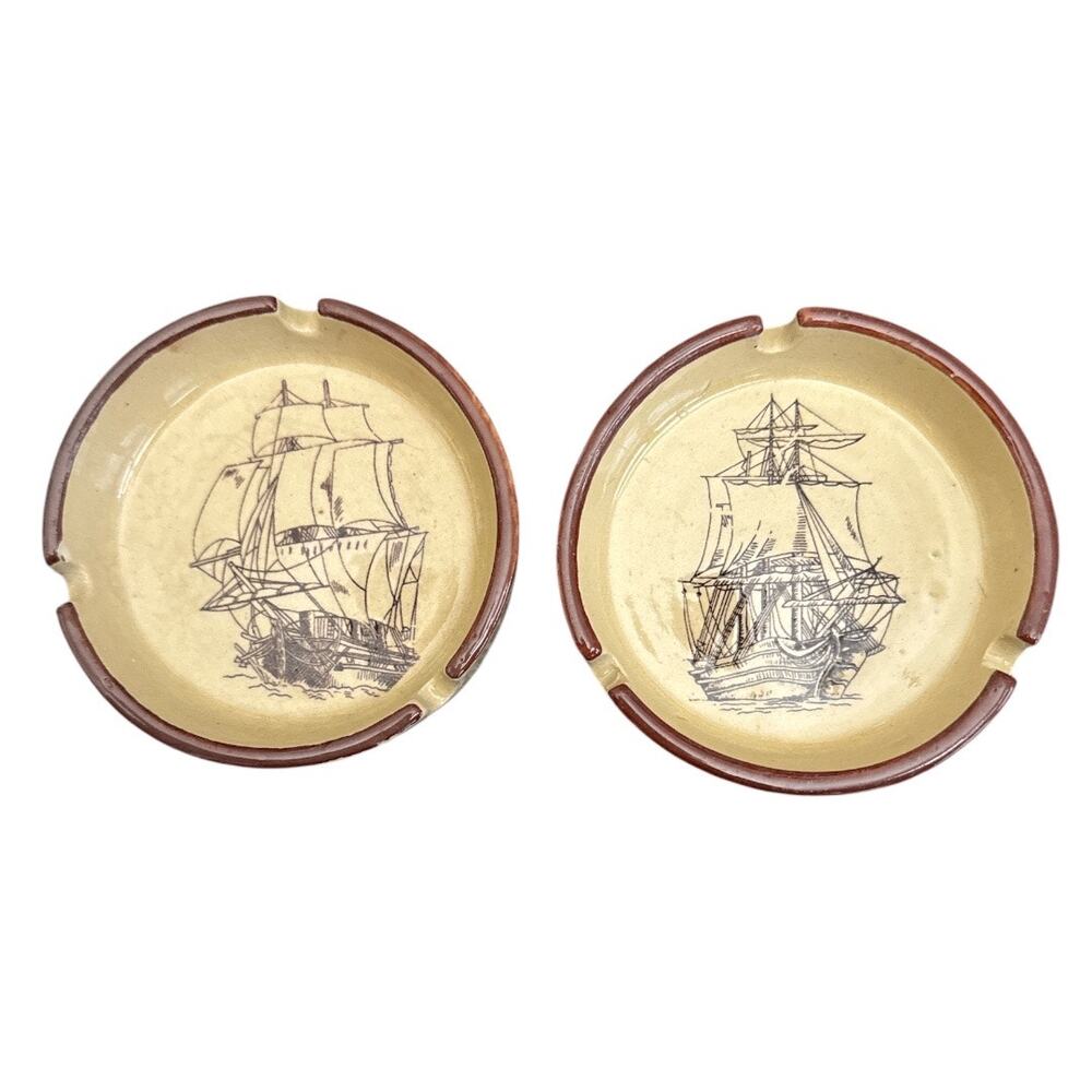 Vintage Mid Century Tan Brigantine Ships Ashtray Set of 2